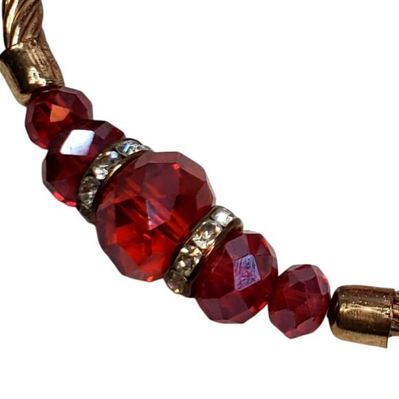 Vtg Ruby Red Glass Bead, Roundels Silver Plate Metal Twist Stretch Bracelet 3" - Picture 2 of 3